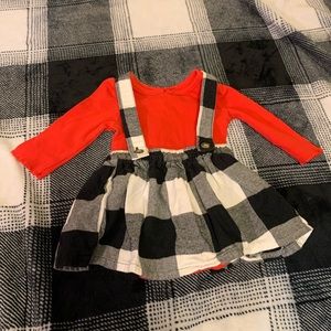 Carters Matching Set with Red Long Sleeve Onesie and Black & White Plaid Skirt